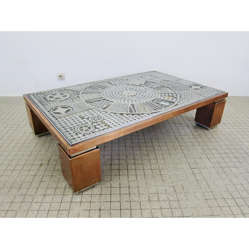 Vintage coffee table with metal inlay brutalist artwork Belgo Chrom copper