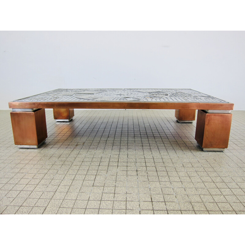 Table basse vintage avec incrustation de métal art brutaliste Belgo Chrom cuivre