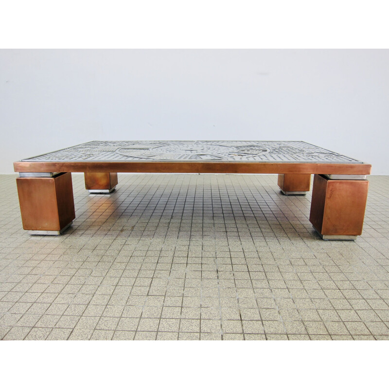 Vintage coffee table with metal inlay brutalist artwork Belgo Chrom copper