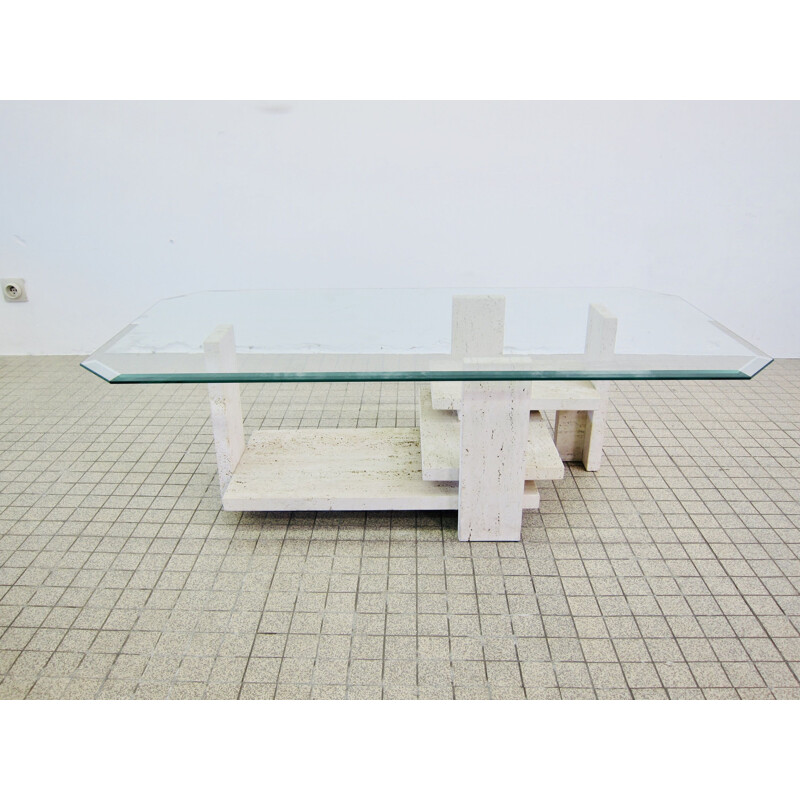 Table basse vintage sculpturale de Willy Ballez en travertin 1970