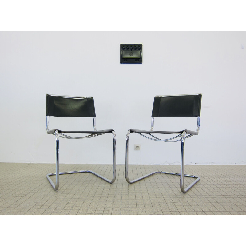 Pair of Vintage dark brown leather dining chairs Thonet S33  bauhaus 