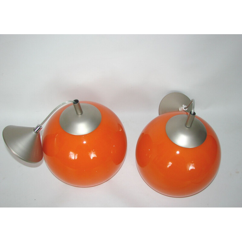 Pair of vintage hanging lamps, metal and glass 1970s