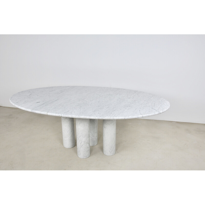 Vintage carrara marble table 4 legs in cylinders and oval top by Mario Bellini by Cassina 1970