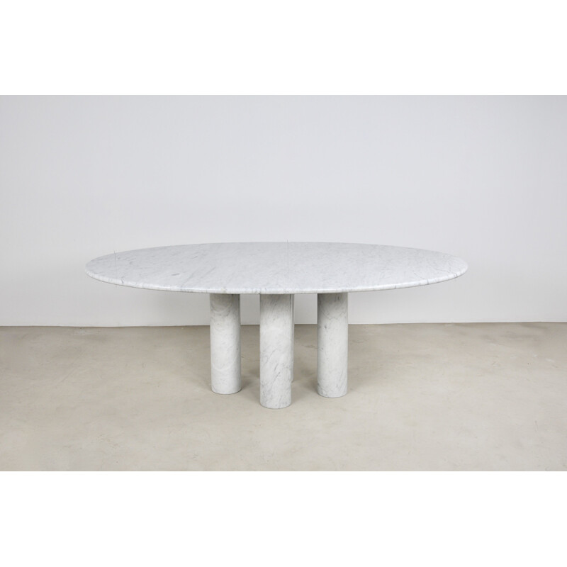 Table en marbre vintage de carrare 4 pieds en cylindres et tablette ovale de Mario Bellini par Cassina 1970
