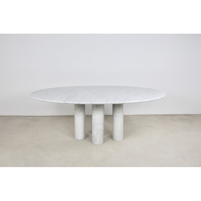 Vintage carrara marble table 4 legs in cylinders and oval top by Mario Bellini by Cassina 1970