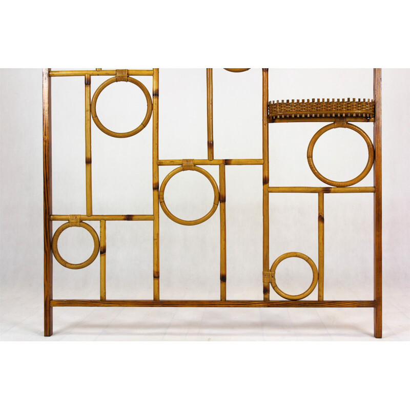 Vintage bamboo room divider with rattan shelves 1970