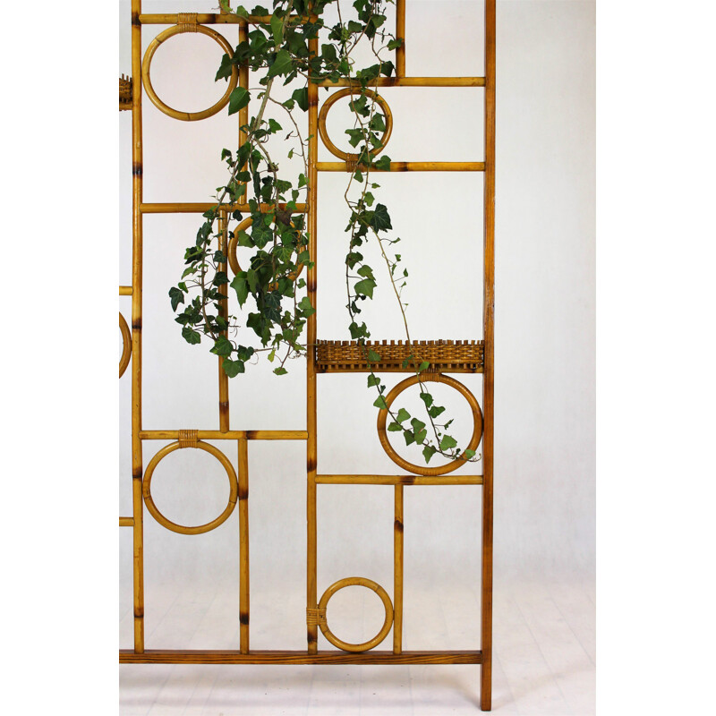 Vintage bamboo room divider with rattan shelves 1970