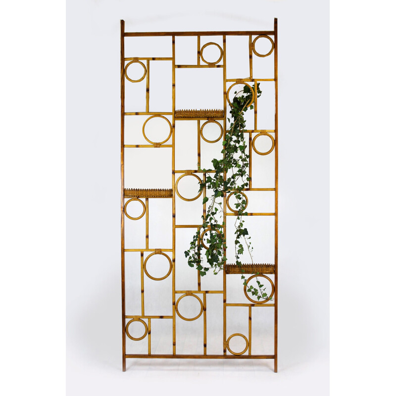 Vintage bamboo room divider with rattan shelves 1970