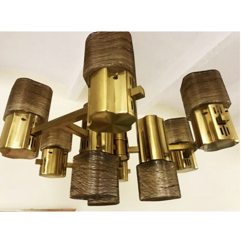 Vintage chandelier Gaetano Scoliari 9 lights brass 1970