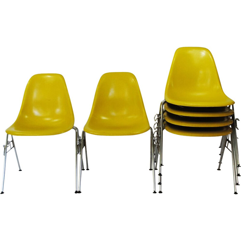 Set of 6 Herman Miller DSS chairs in yellow fiberglass, Charles and Ray EAMES - 1950s