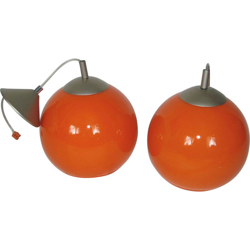 Pair of vintage hanging lamps, metal and glass 1970s