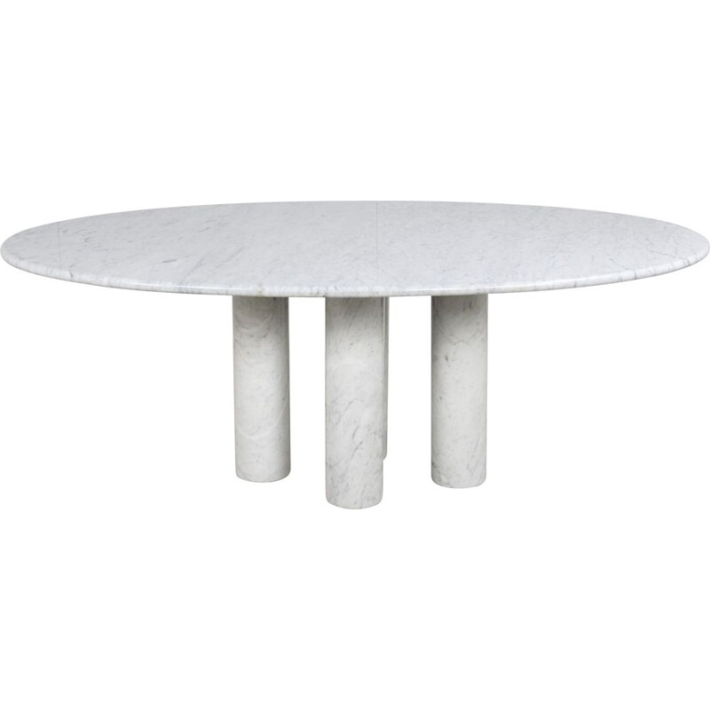 Table en marbre vintage de carrare 4 pieds en cylindres et tablette ovale de Mario Bellini par Cassina 1970