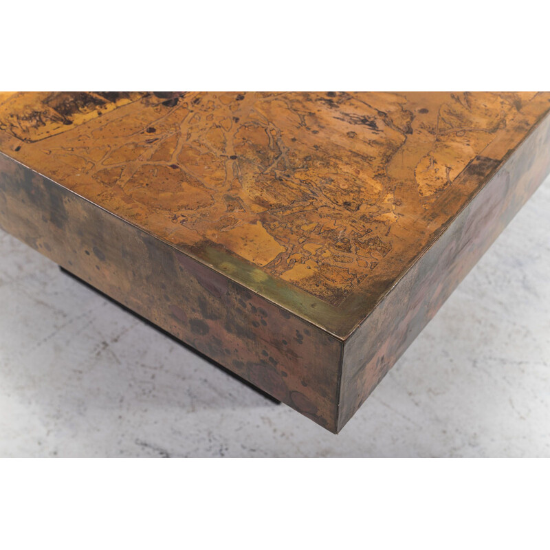 Table basse vintage en laiton gravé et en cuivre oxydé de Bernhard Rohne, 1960