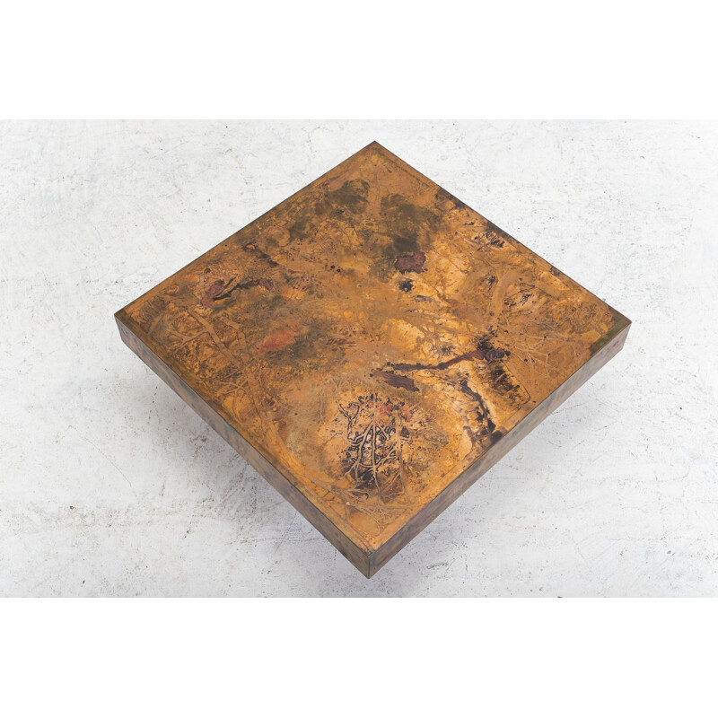 Vintage Brass Etched and Oxidized Copper Coffee Table by Bernhard Rohne, 1960s