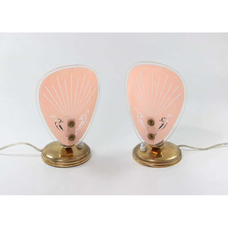 Paire de lampes de table vintage en verre rose 1950