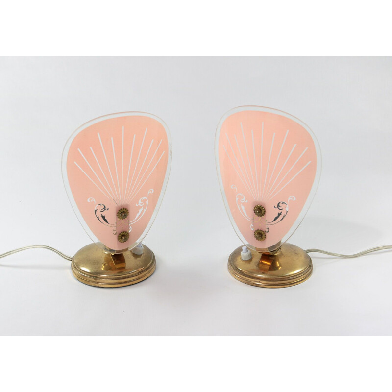Par de candeeiros de mesa de vidro rosa vintage 1950