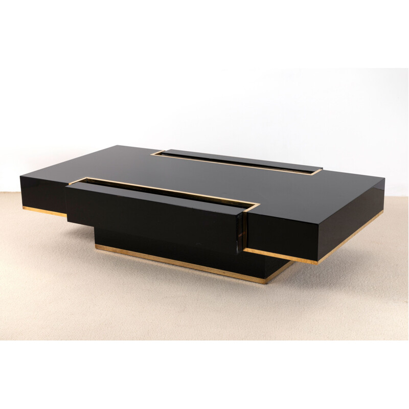 Vintage lacquer and brass coffee table by JC Mahey 1970