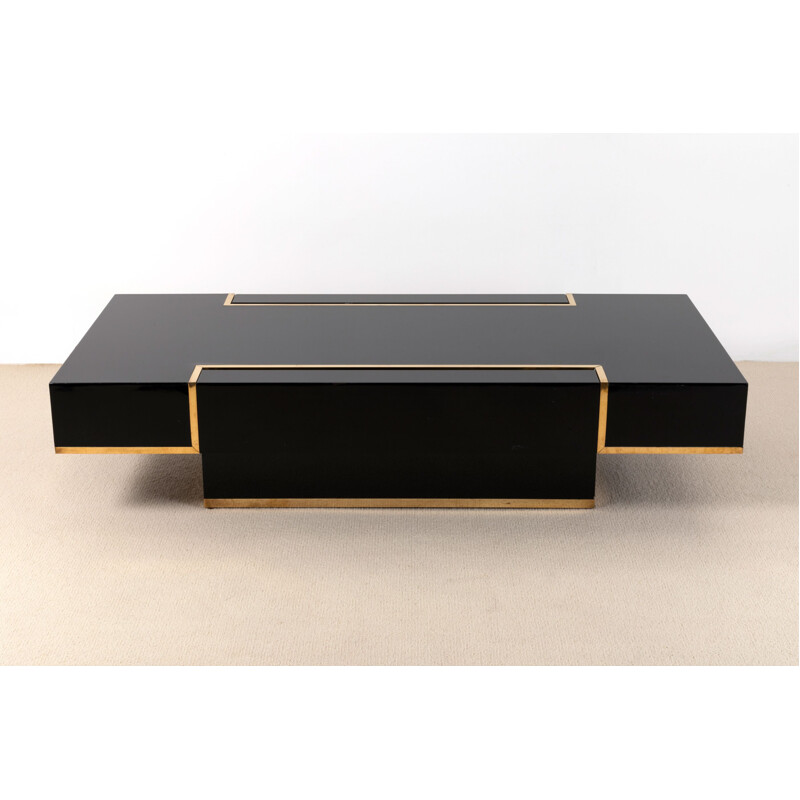 Vintage lacquer and brass coffee table by JC Mahey 1970