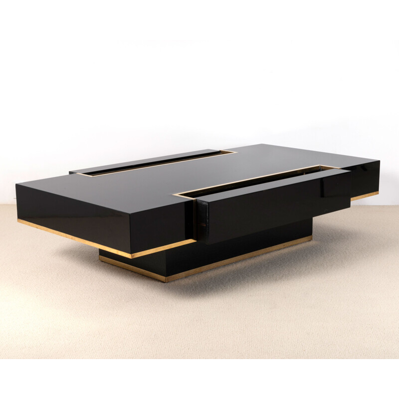 Vintage lacquer and brass coffee table by JC Mahey 1970