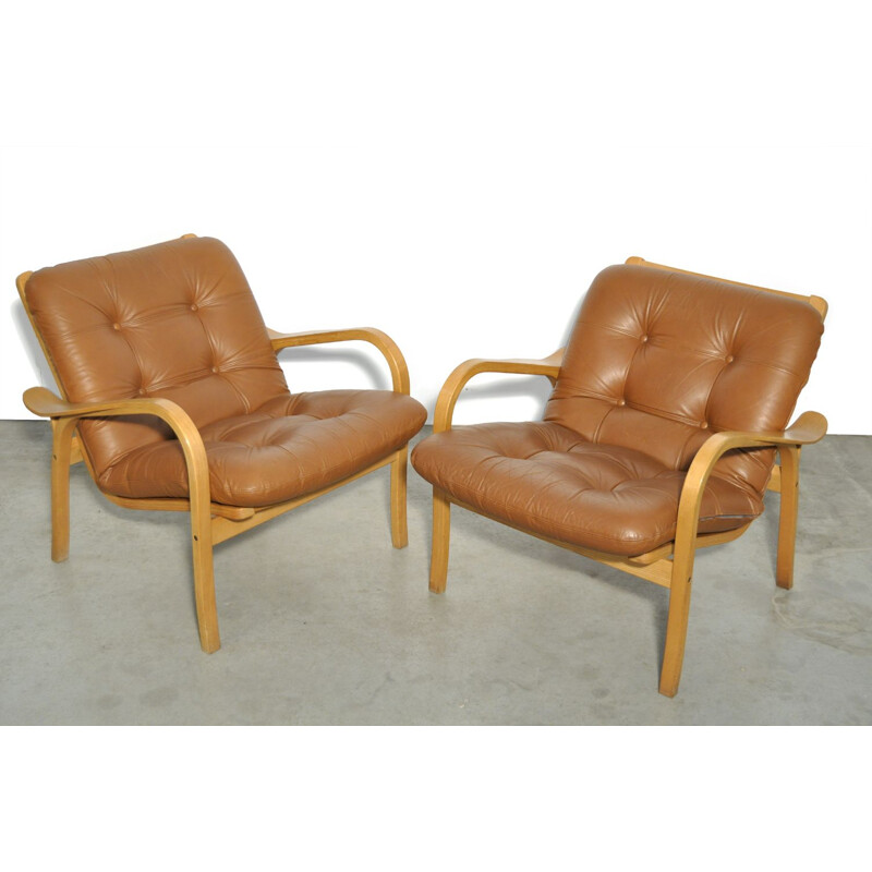 Pair of Vintage lamino easy armchairs by Yngve Ekström for Swedese, Sweden 1970s