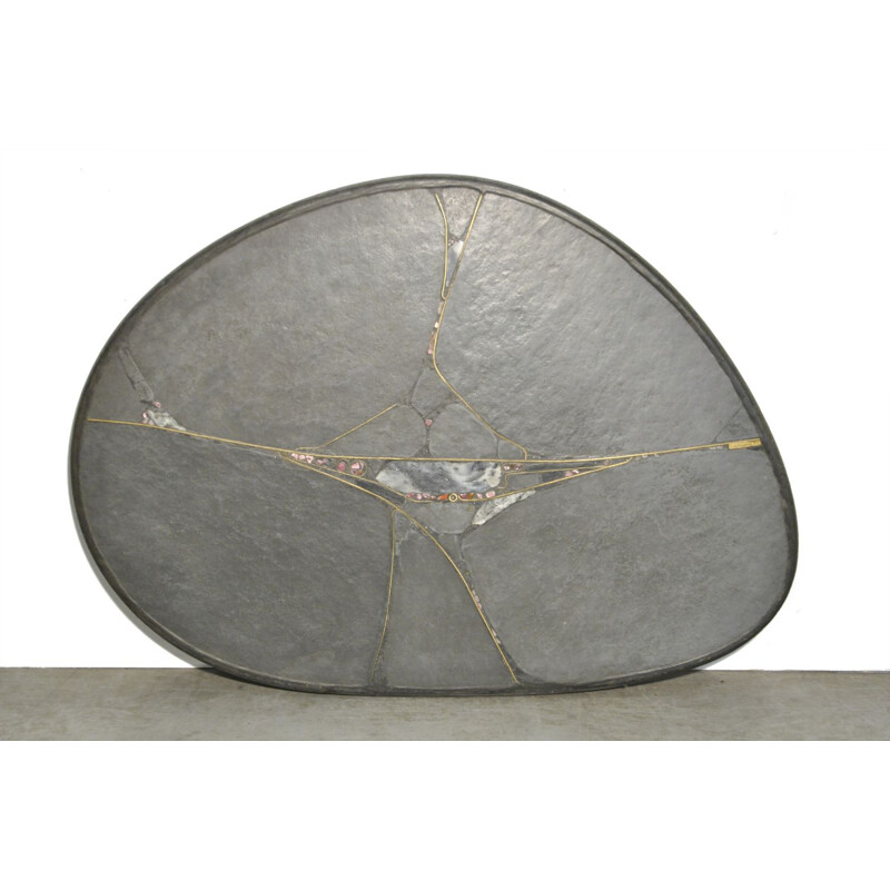 Coffee table vintage Brutalist oval natural stone by sculptor PAul Kingma Netherlands 1995 