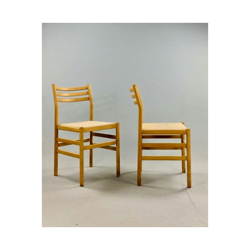 Suite de 6 chaises vintage en hêtre et paille de Pierre Gautier Delaye 1950