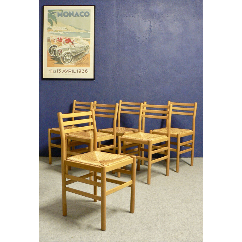 Suite de 6 chaises vintage en hêtre et paille de Pierre Gautier Delaye 1950