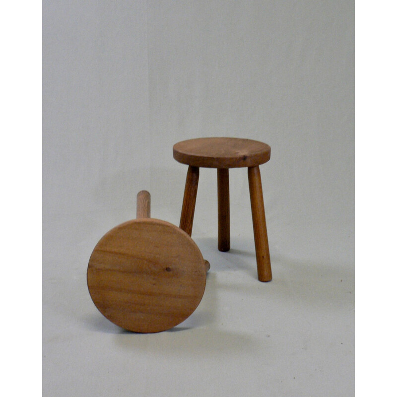 Pair of vintage solid oak shepherd's tripod stools