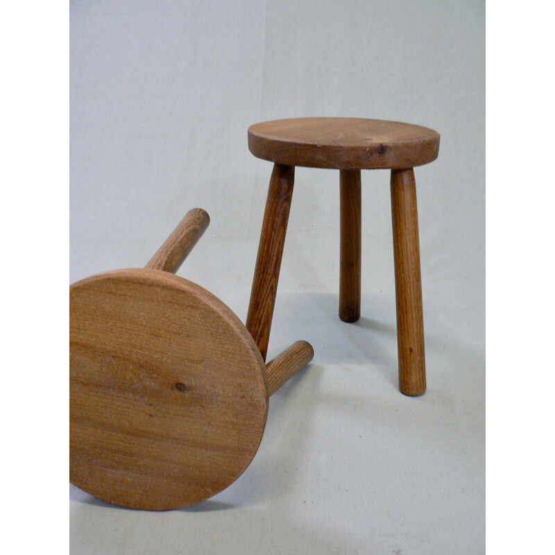 Pair of vintage solid oak shepherd's tripod stools