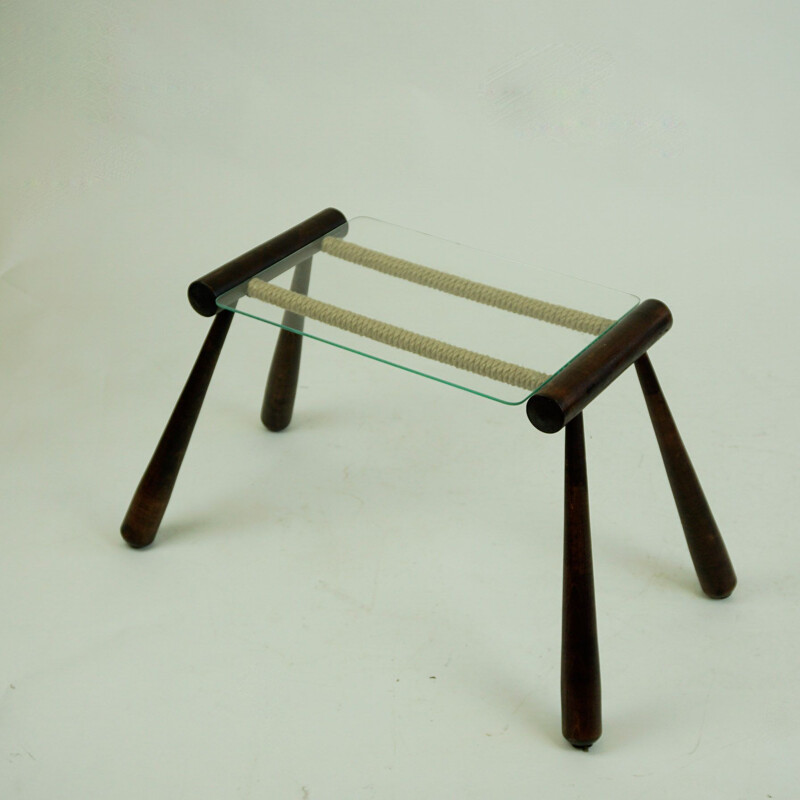 Midcentury Wood, Glass and Cord Side Table by Max Kment Austrian