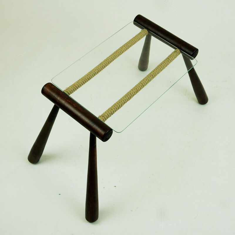 Table d'appoint vintage en bois, verre et corde par Max Kment Austrian