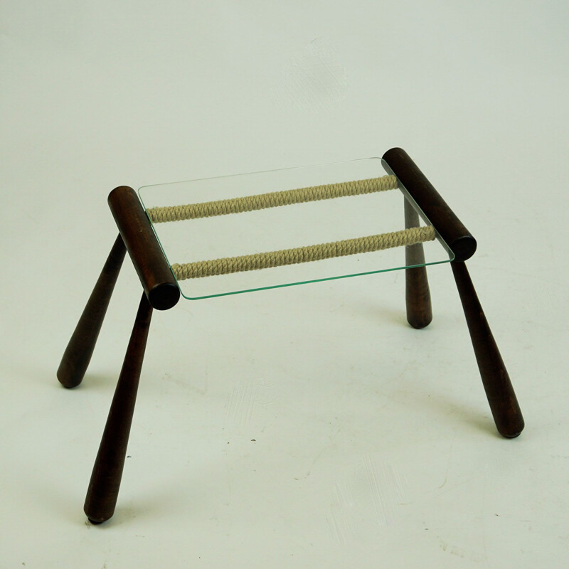 Midcentury Wood, Glass and Cord Side Table by Max Kment Austrian