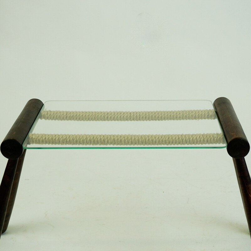 Table d'appoint vintage en bois, verre et corde par Max Kment Austrian
