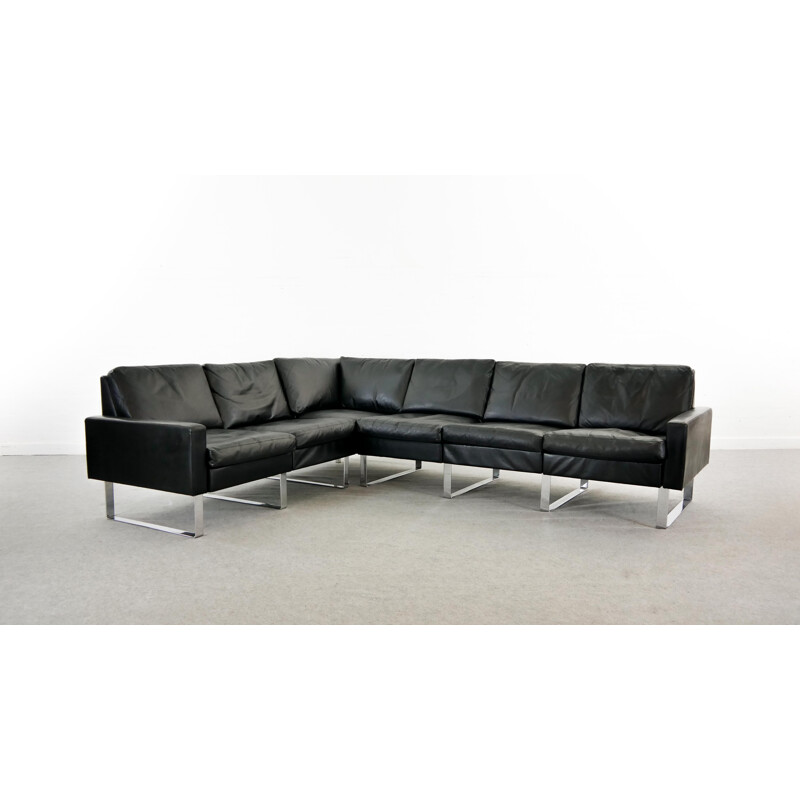 Vintage Sectional Modular Conseta Sofa on Runners by COR,  in Black Leather Germany 1963