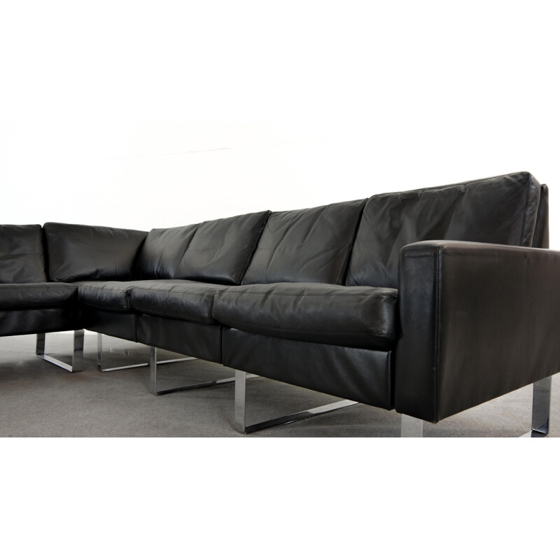 Vintage Sectional Modular Conseta Sofa on Runners by COR,  in Black Leather Germany 1963