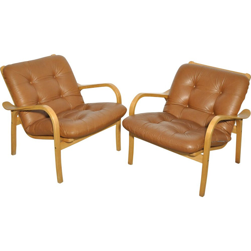 Pair of Vintage lamino easy armchairs by Yngve Ekström for Swedese, Sweden 1970s