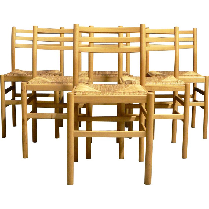 Suite of 6 vintage beech and straw chairs by Pierre Gautier Delaye 1950
