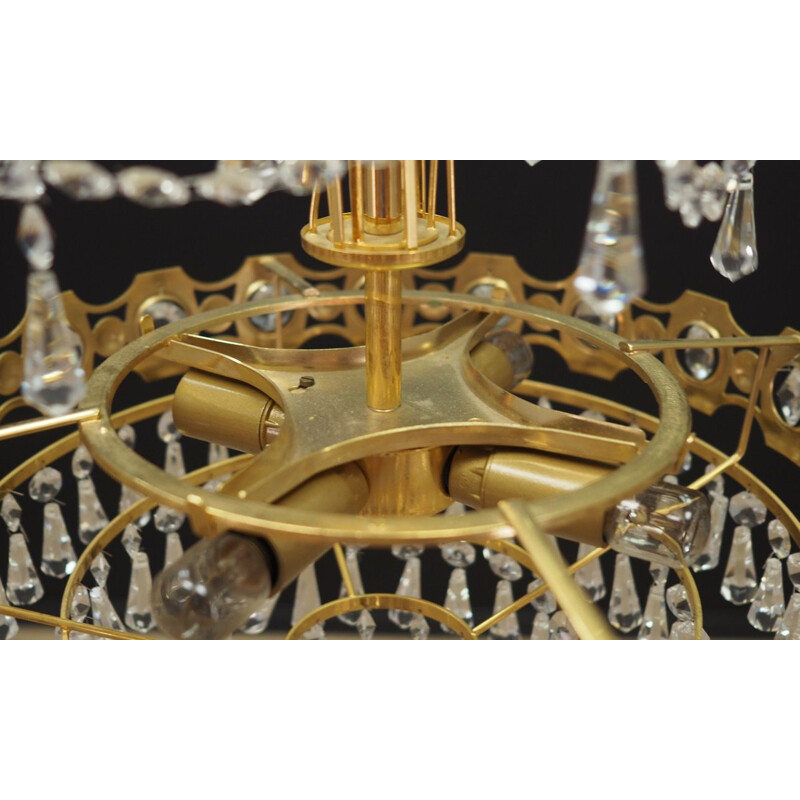 Vintage chandelier brass with decorative crystals Scandinavian 1970s