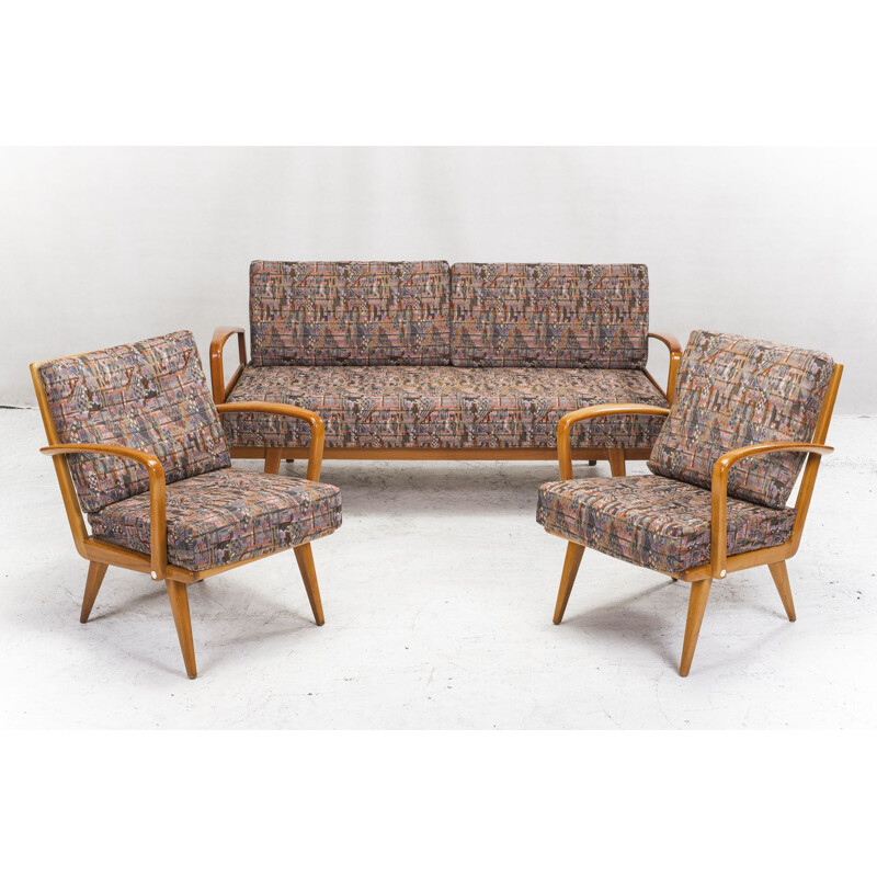 Vintage Antimott kersenhouten fauteuils en daybed van Wilhelm Knoll 1950
