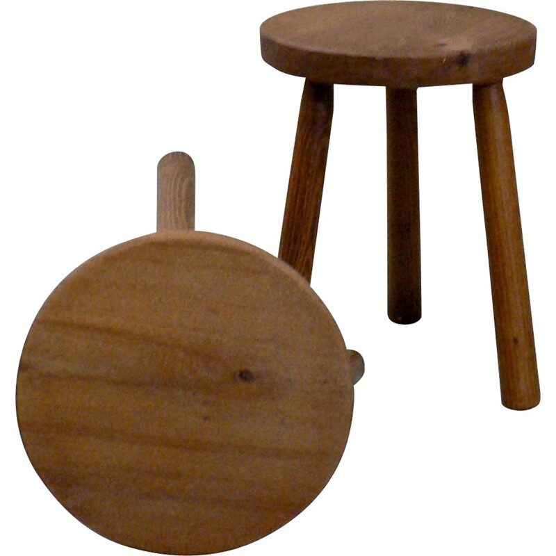 Pair of vintage solid oak shepherd's tripod stools