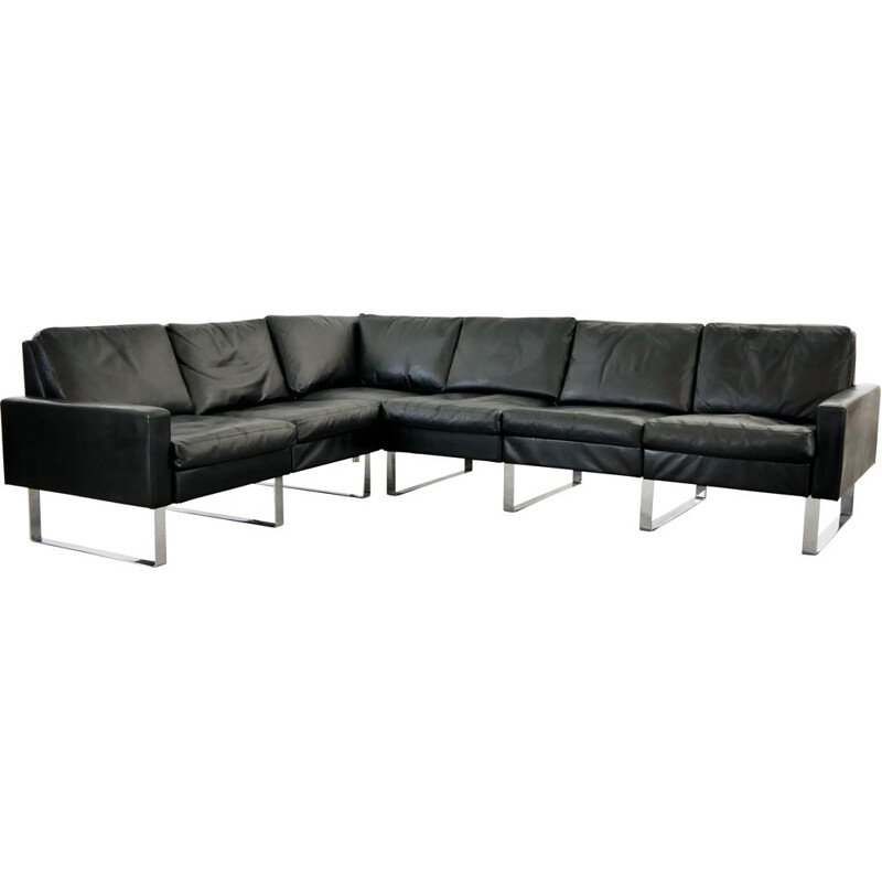 Vintage Sectional Modular Conseta Sofa on Runners by COR,  in Black Leather Germany 1963