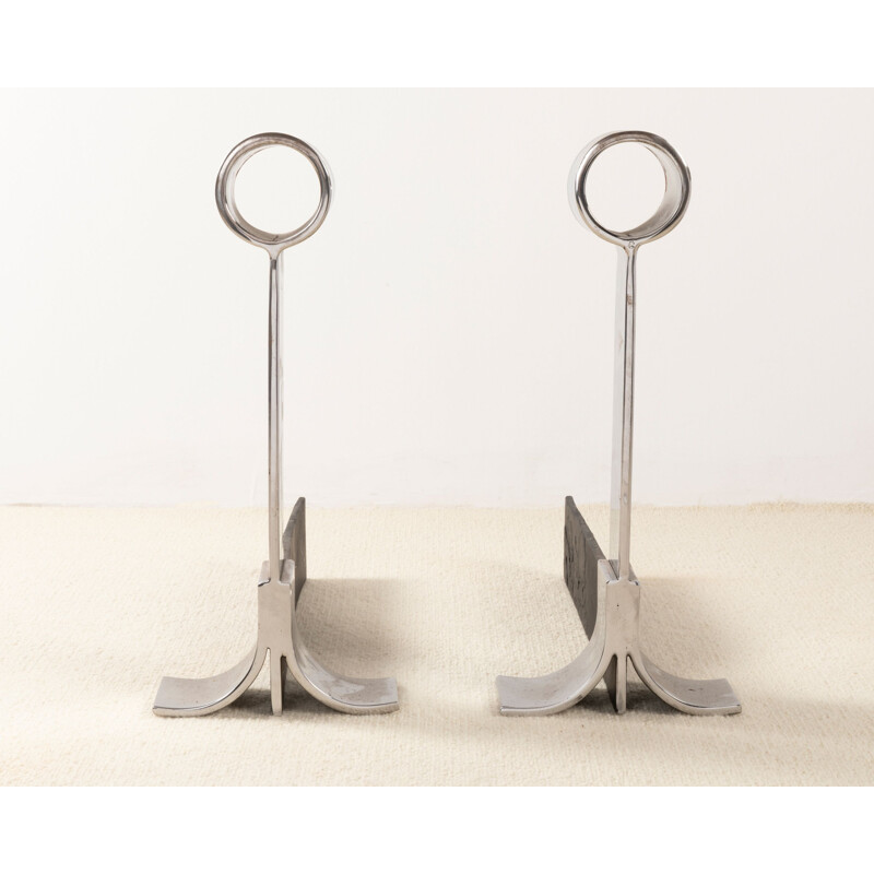 Pair of polished steel vintage chenets 1970