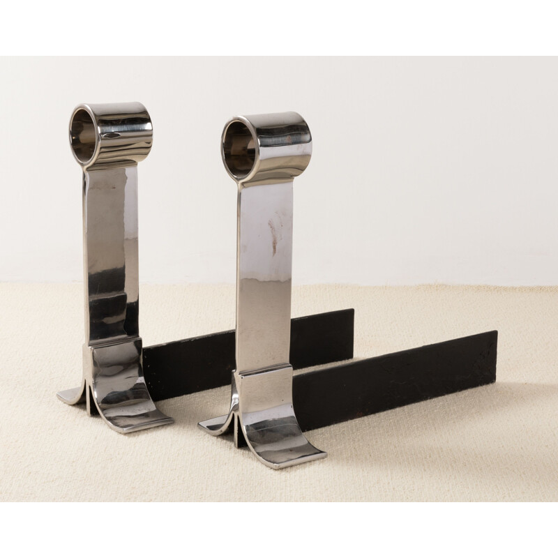 Pair of polished steel vintage chenets 1970