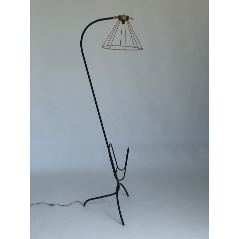 Wrought iron and brass vintage magazine holder lamp with exposed bulb, 1960