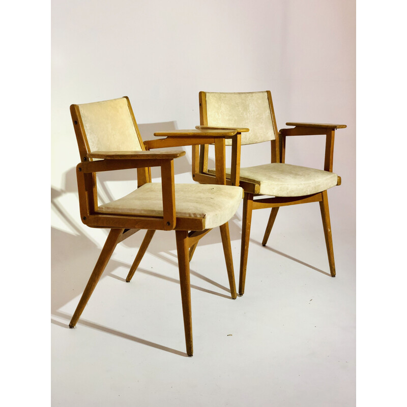 Pair of vintage armchairs in leatherette and wood Robert Debiève