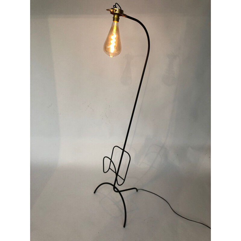 Wrought iron and brass vintage magazine holder lamp with exposed bulb, 1960