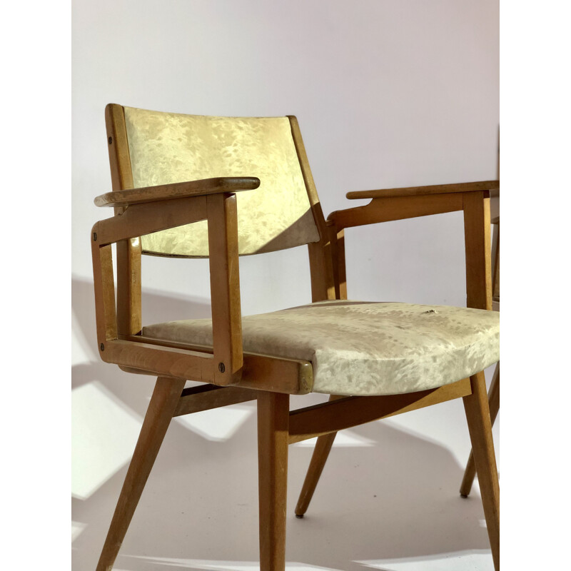 Pair of vintage armchairs in leatherette and wood Robert Debiève