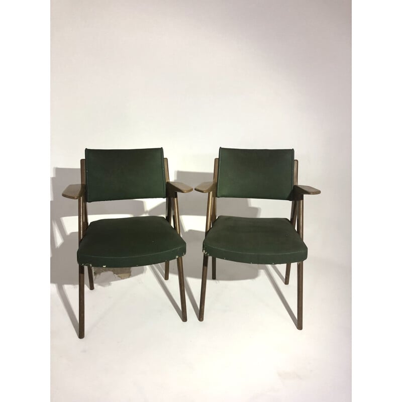 Paire de fauteuil vintage en chêne et skai 1950