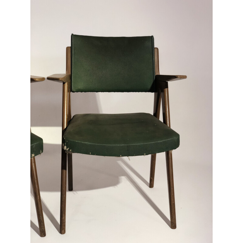 Pair of vintage armchairs in oak and skai 1950s