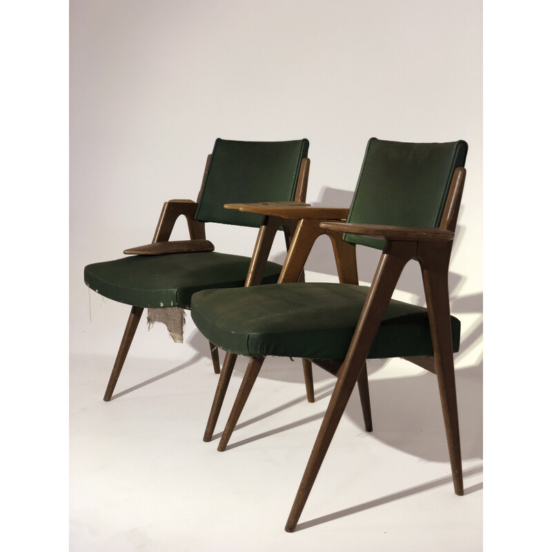 Paire de fauteuil vintage en chêne et skai 1950